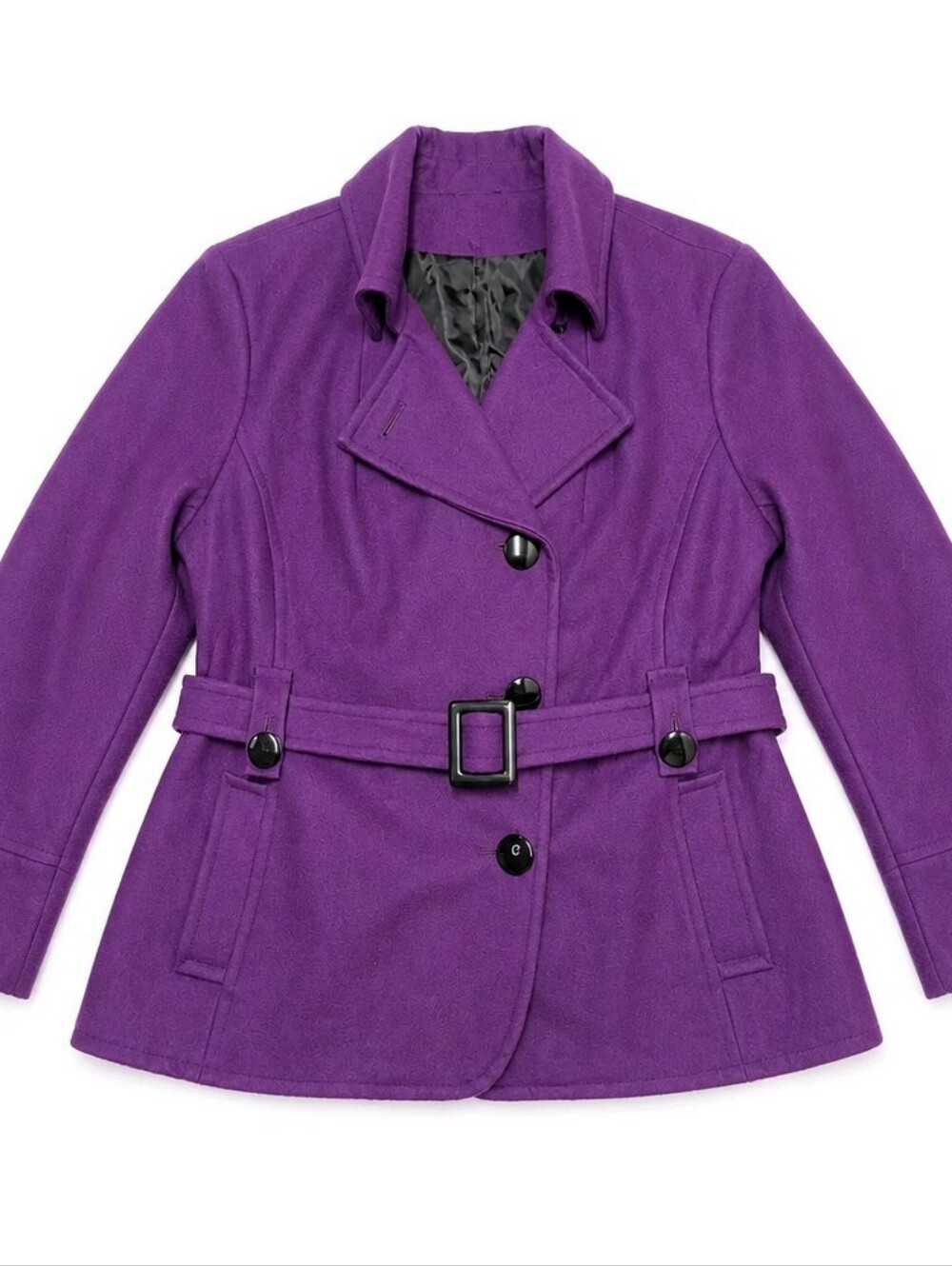 GIACCA Regal Purple Women's Belted Wool-Blend Peacoat Sz 2X Big Black Buttons